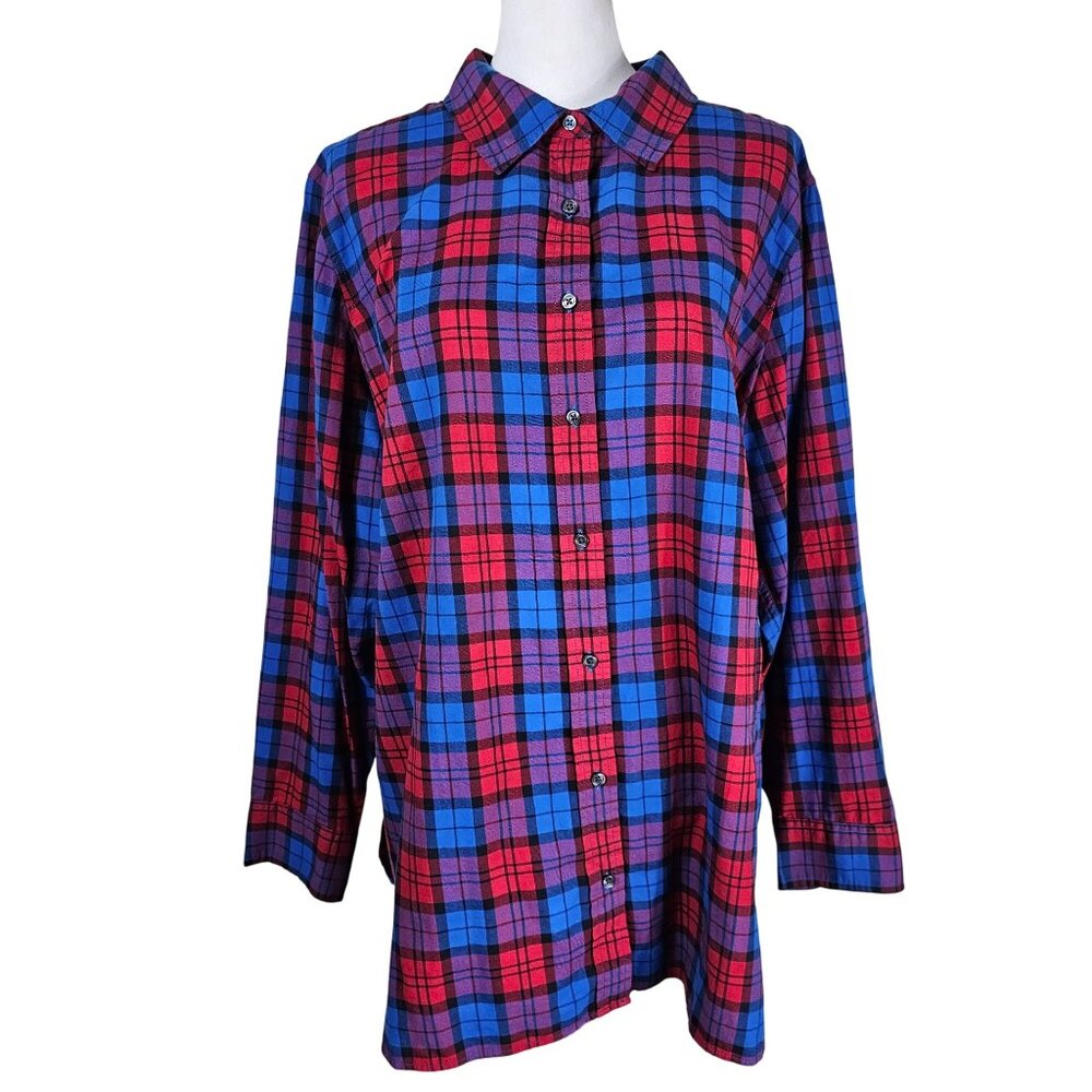 Talbots Plaid Button-Up Tunic Shirt 2X Red & Blue Cotton Preppy‎ Country Classic